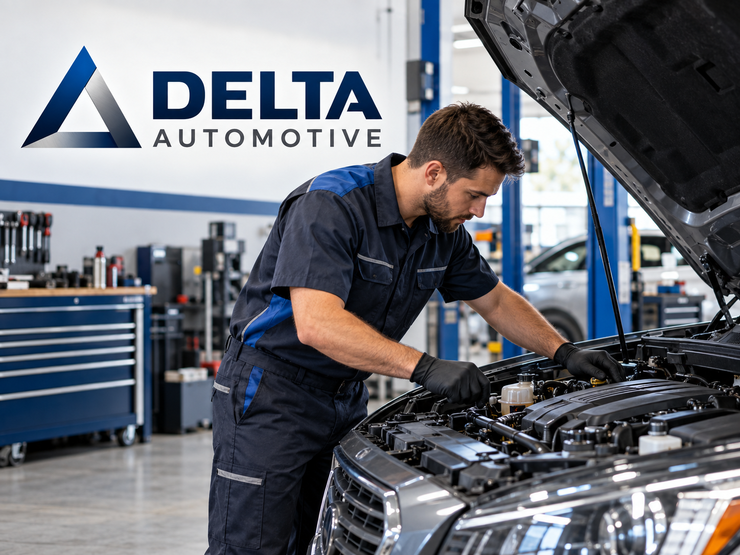 Delta Automotive technician inspecting an engine beneath the shop’s blue and silver logo
